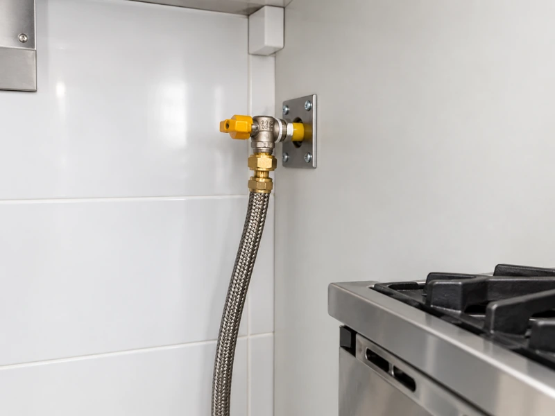Novo ponto de gás instalado na parede, com registro e mangueira flexível conectados ao fogão