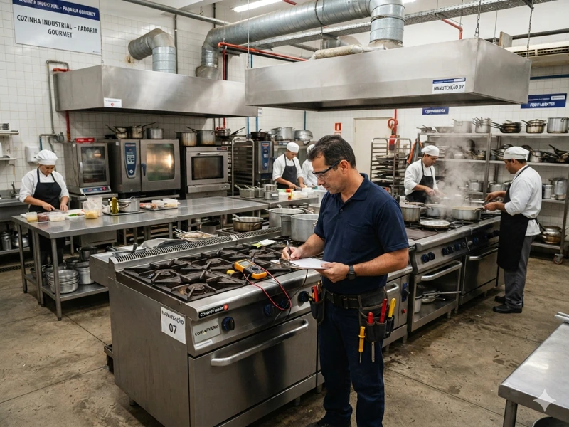 Técnico da Império Gasista fazendo manutenção preventiva em cozinha industrial de padaria, com equipe trabalhando ao fundo