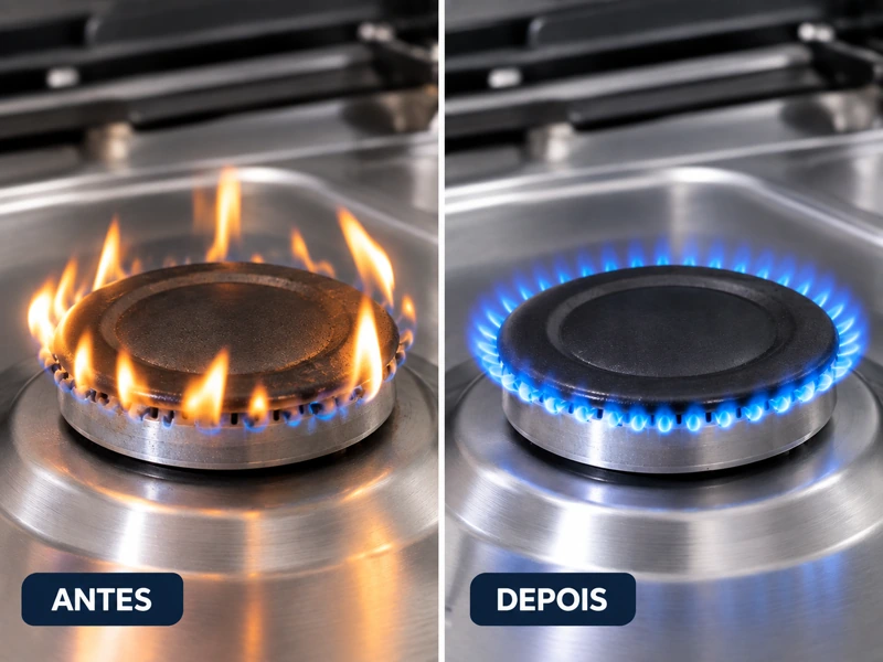 Comparação antes e depois da manutenção: chama amarela e irregular à esquerda, chama azul e uniforme à direita