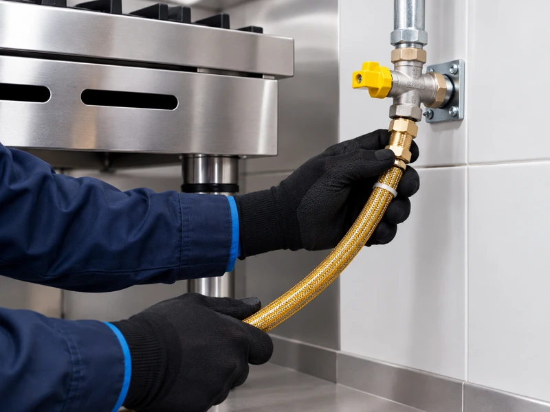 Técnico da Império Gasista conectando mangueira flexível nova ao registro de gás do fogão